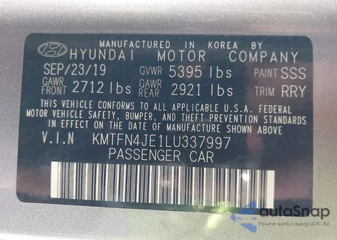 2020 Genesis G80 3.8 Awd z USA, uszkodzony, nr VIN KMTFN4JE1LU337997